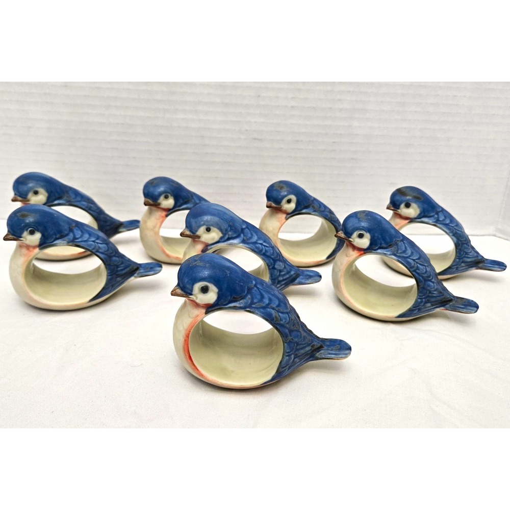 Pristine Vtg Takahashi San Francisco Hand-Painted Bluebird Napkin Rings Set of 8